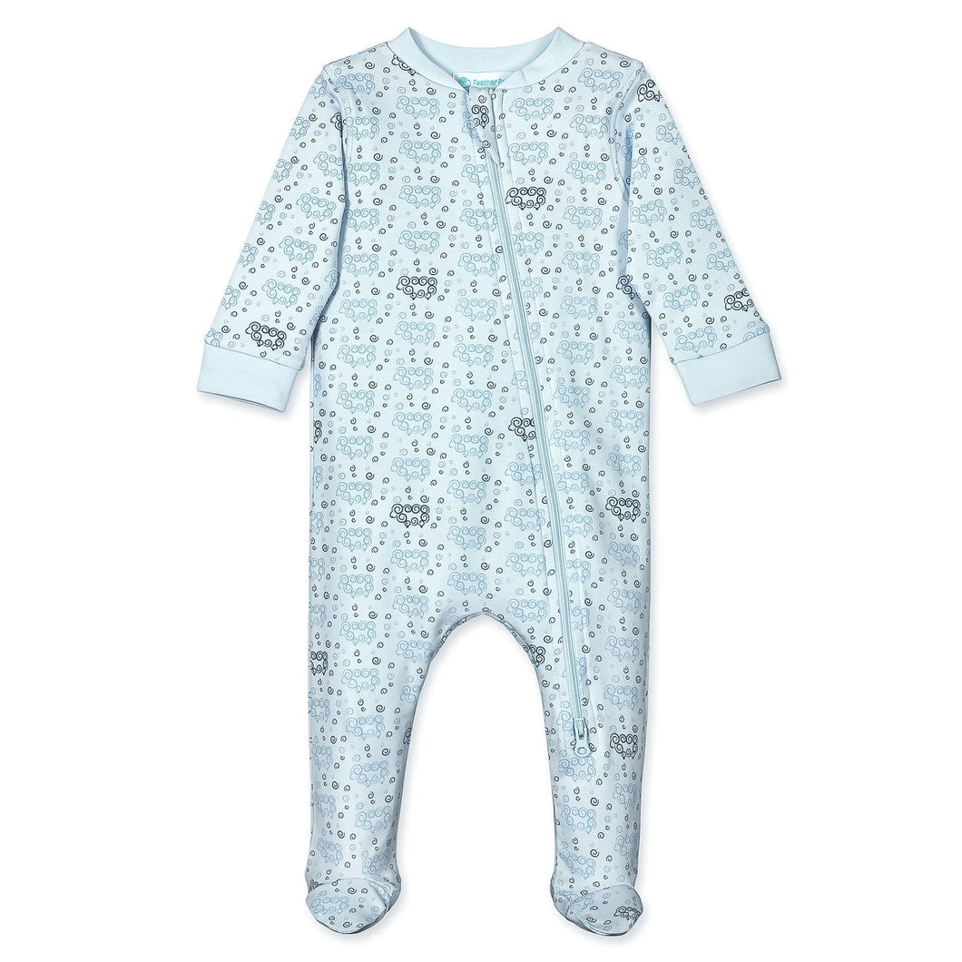 Feather Baby Zipper Footie - Curly Sheep on Baby Blue  100% Pima Cotton by Feather Baby