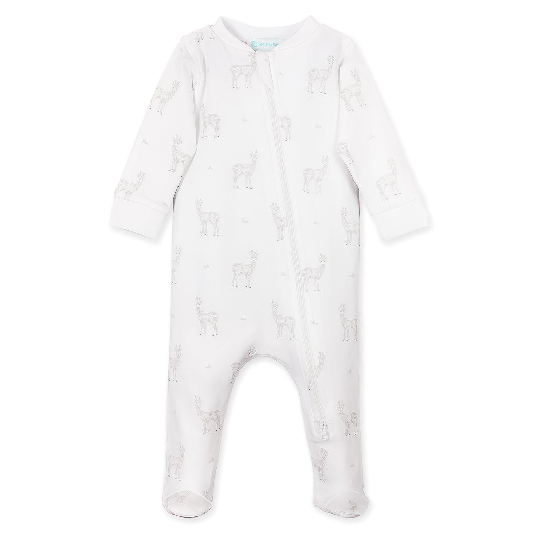 Feather Baby Zipper Footie - Sketched Yearling  on White  100% Pima Cotton by Feather Baby