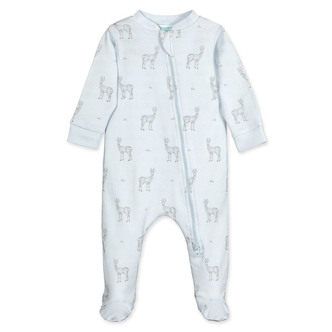 Feather Baby Zipper Footie - Sketched Yearlings on Baby Blue  100% Pima Cotton by Feather Baby