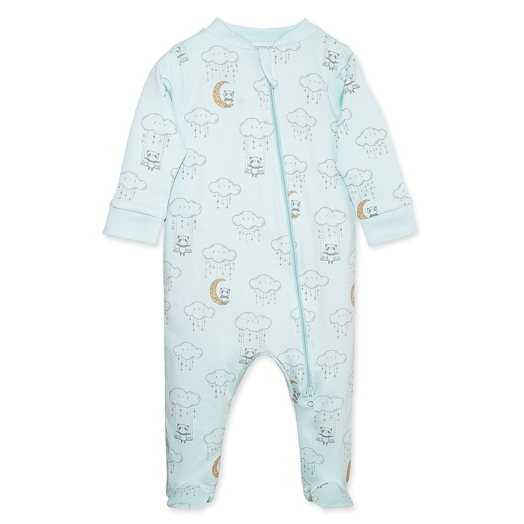 Feather Baby Zipper Footie - Swinging Panda on Aqua  100% Pima Cotton by Feather Baby
