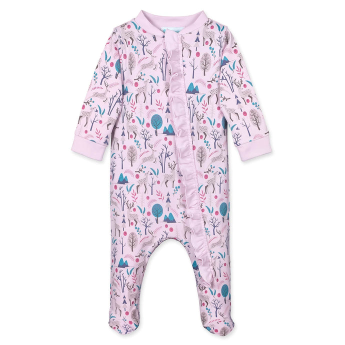 Feather Baby Zipper Footie with Ruffle - Winter Deer on Pink  100% Pima Cotton by Feather Baby